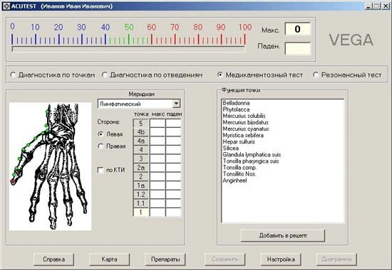 Появляется список препаратов, рекомендуемых к текущей точке (этот список можно изменять по команде Препараты